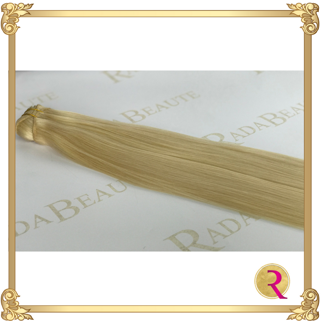 Butterscotch Blonde Weave Extensions side view close up. Buy now at Rada Beaute.
