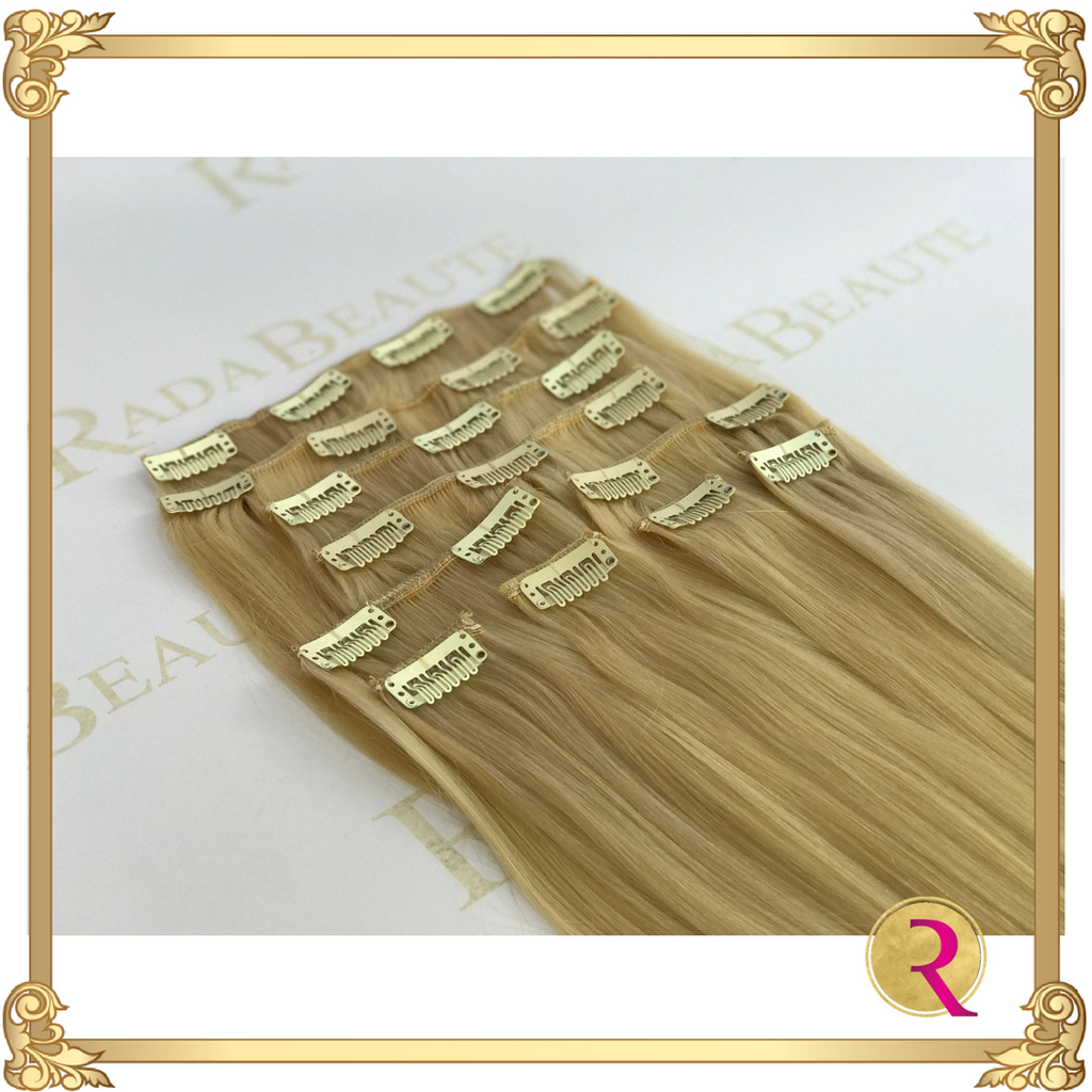 Butterscotch Blonde Clip in Extensions, side view. Buy now at Rada Beaute