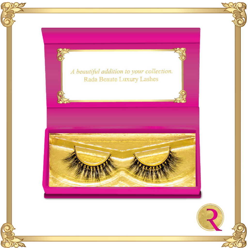 Hasina Mink Lashes box open view. Buy now at Rada Beaute.
