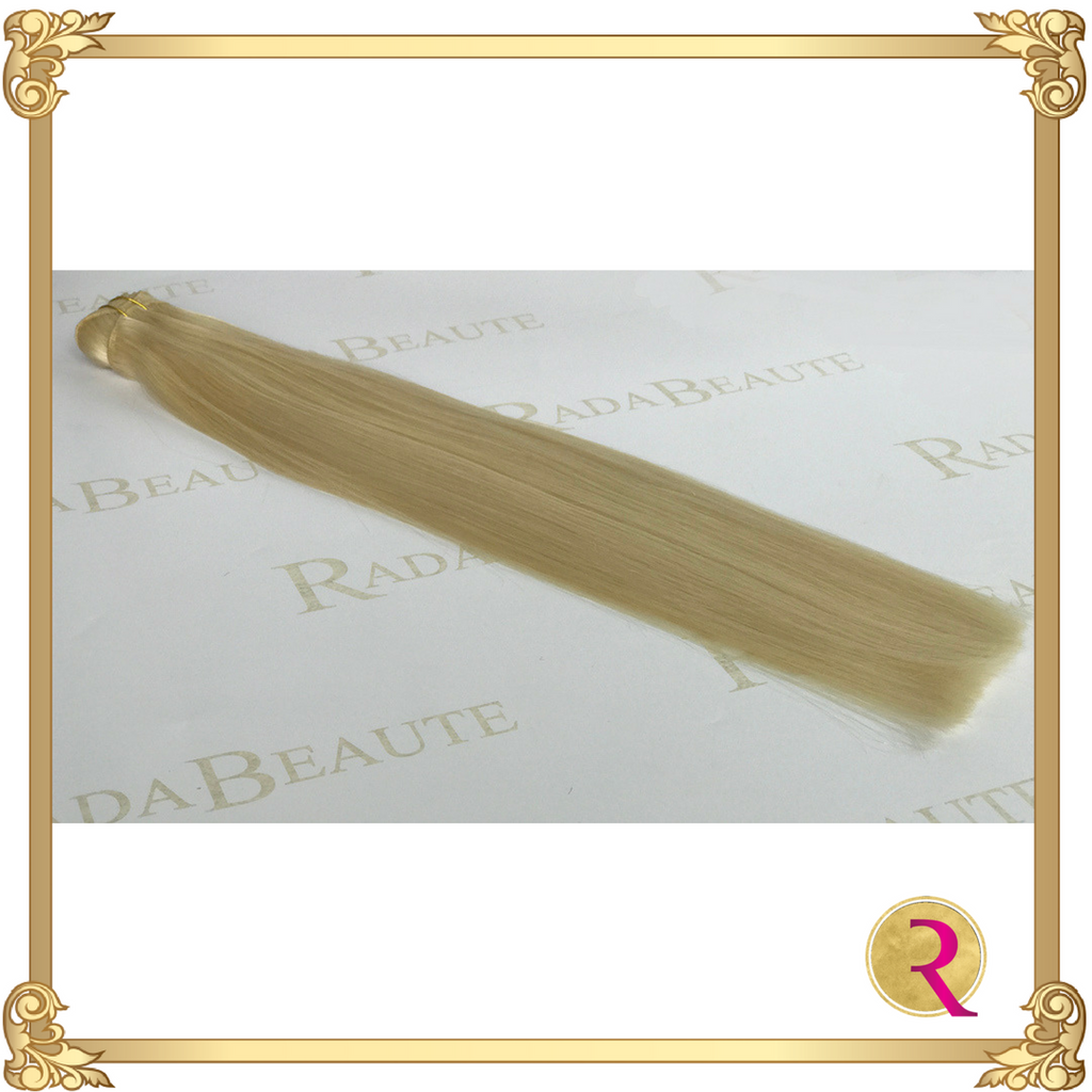 Butterscotch Blonde Weave Extensions side view. Buy now at Rada Beaute.