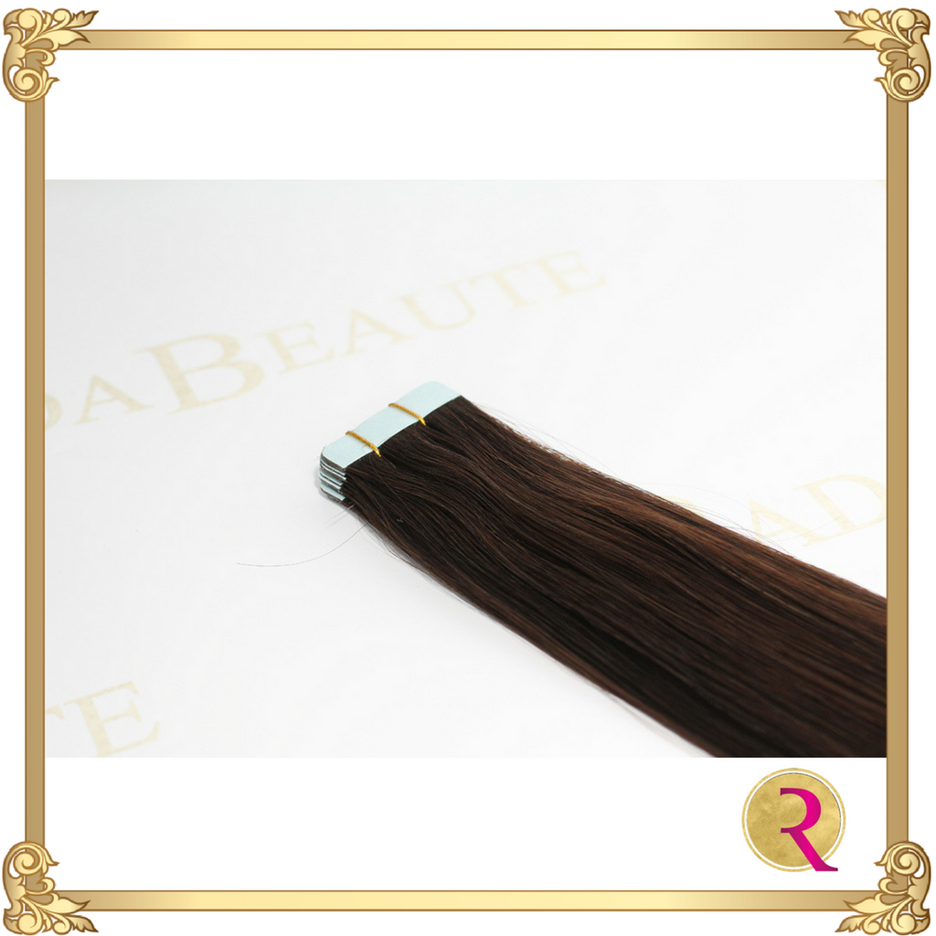 Lavish Espresso Tape in extensions close up view. Buy your tape in hair extensions at Rada Beaute.
