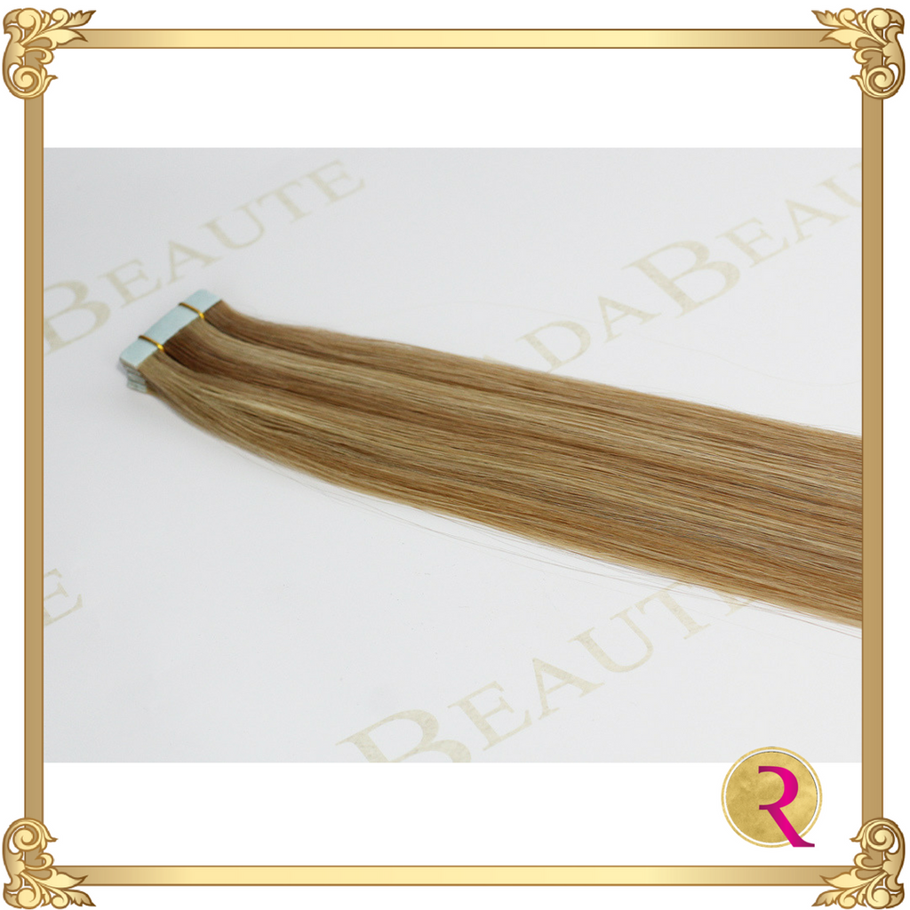 Champagne & Blonde Lush Tape in extensions close up. Buy now at Rada Beaute.