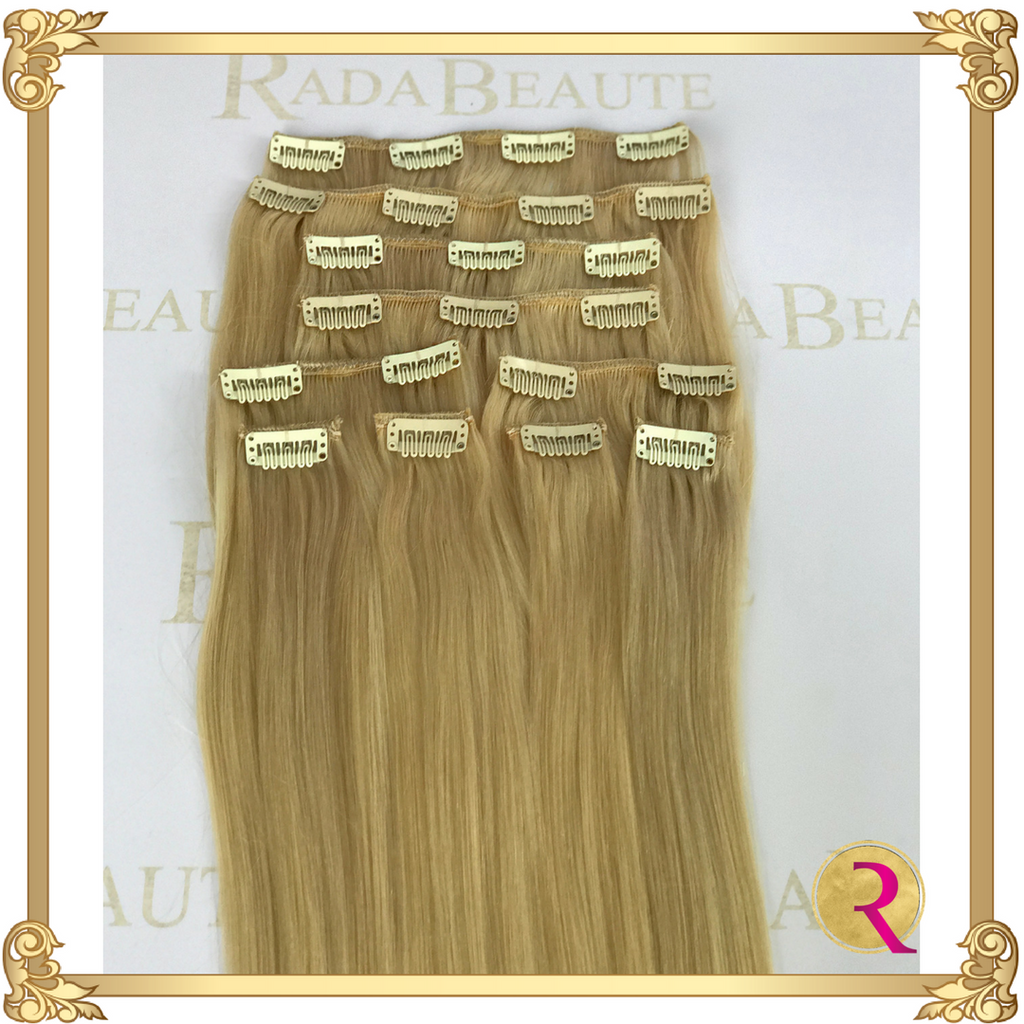 Butterscotch Blonde Clip in Extensions, top view. Buy now at Rada Beaute.